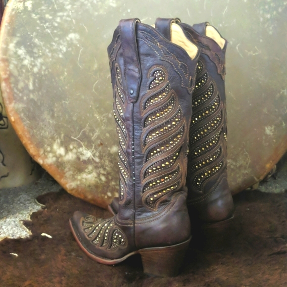CORRAL C2878 brown leather & gold studded snip toe cowgirl western boots… - Picture 5 of 16